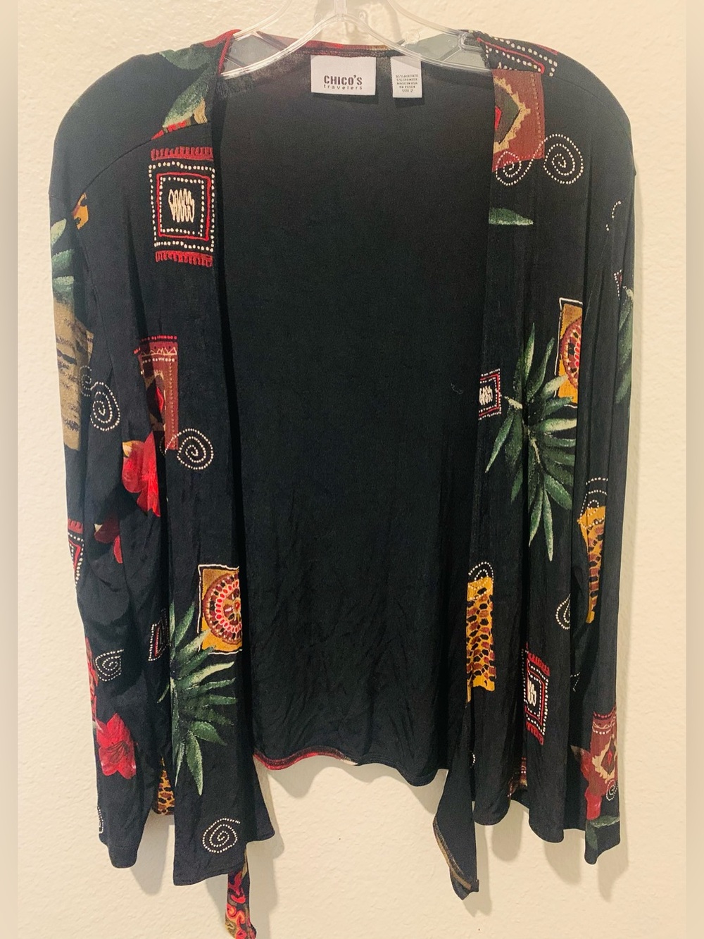 Chico's Black Floral-Print Open Cardigan